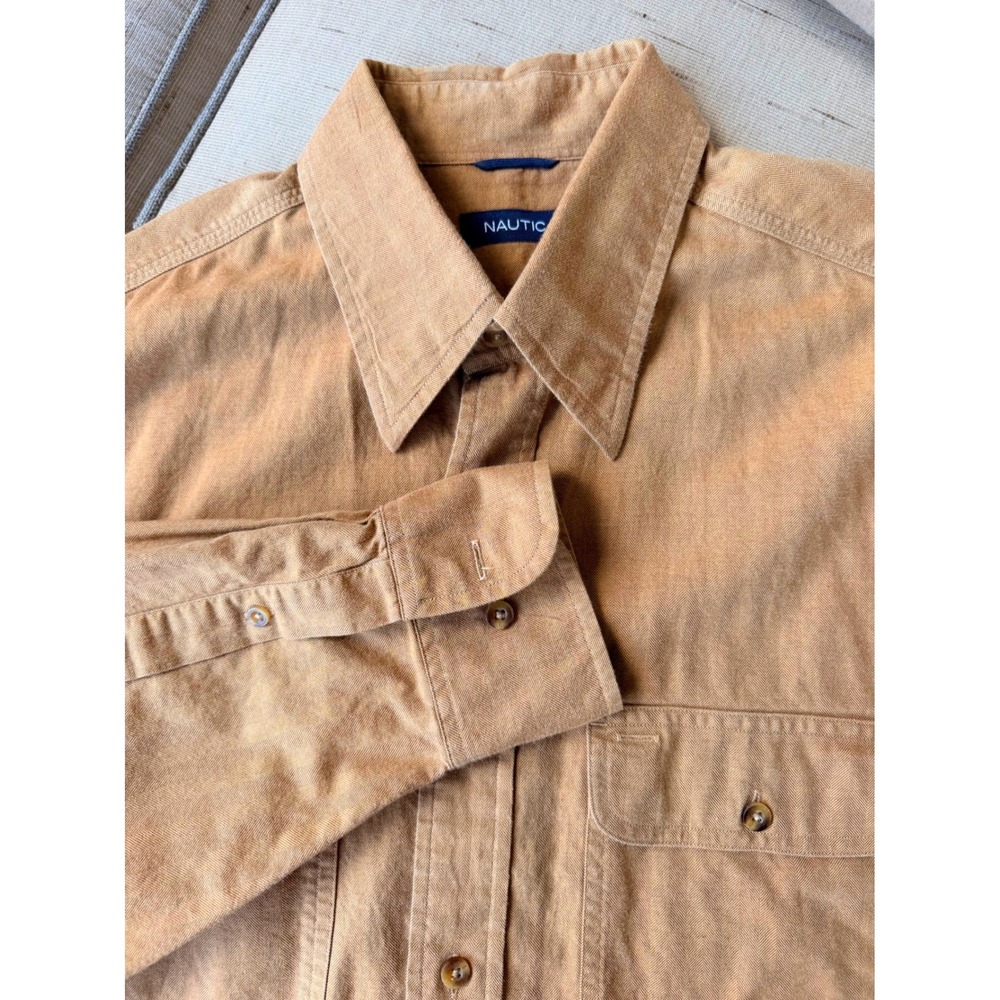 Nautica Stripe Button Down Safari Utility Rugged Neutral Shirt Mens L Tan
